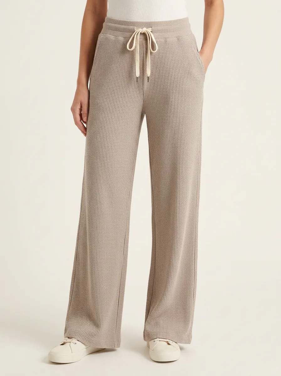 Women's Casual Lounge Waffle Knit Drawstring Wide Leg Pants