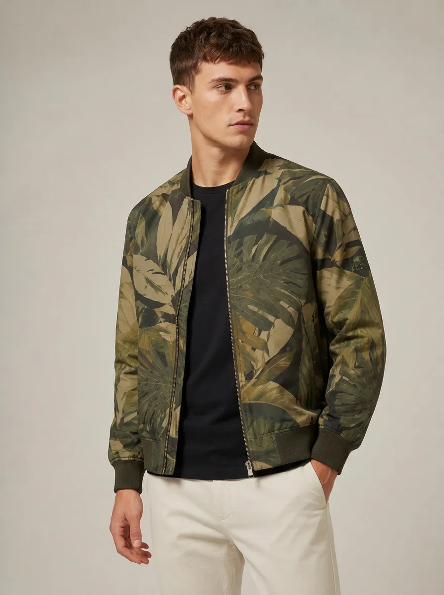 Men's Tropical Print Bomber Jacket with Structured silhouette through the shoulders and torso