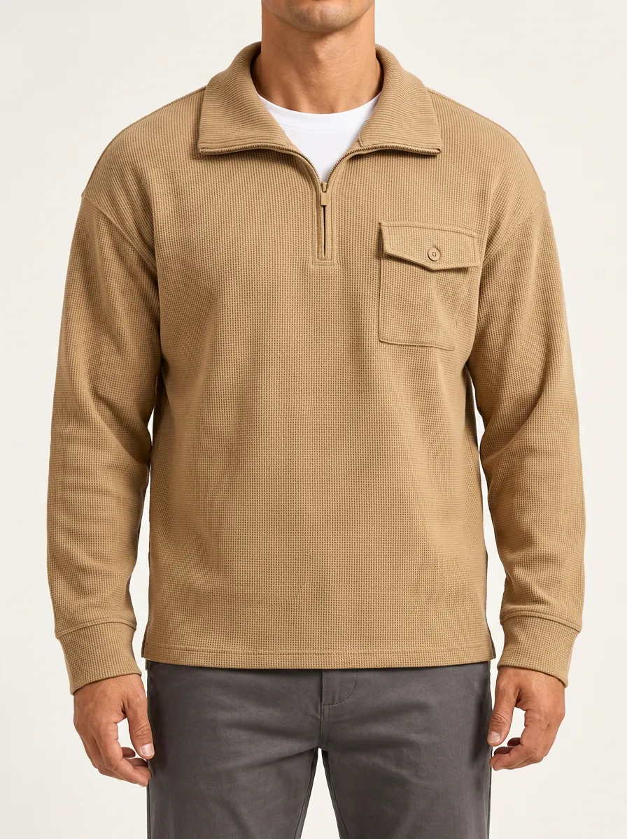 Front Pocket Waffle Knit Pullover with Quarter-Zip Closure for Go-To Wear