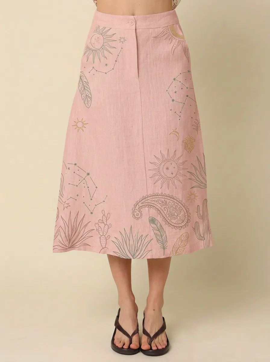 Women's Boho Celestial Cactus Paisley Printed Midi Skirt
