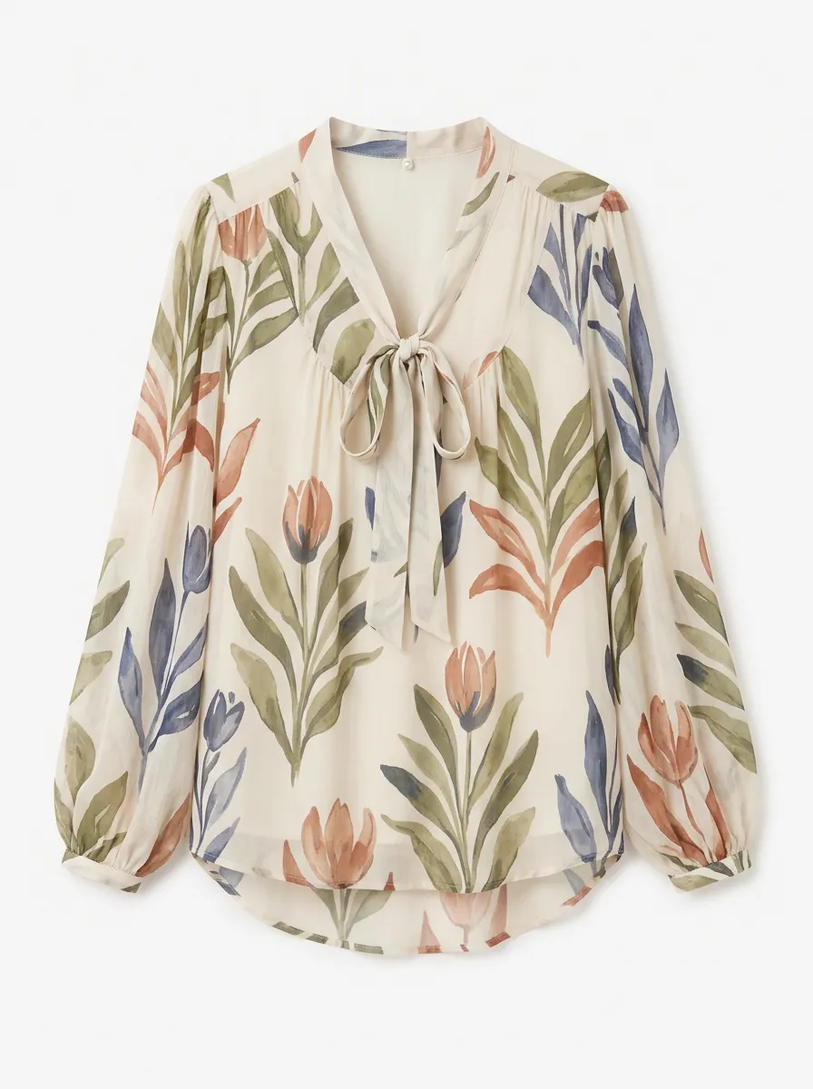 Women's Floral Botanical Tulip Printed Tie-Neck Chiffon Blouse