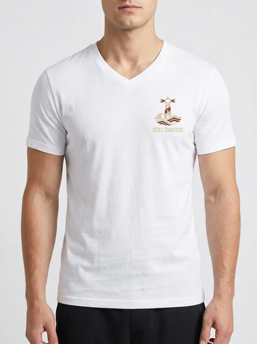 Men's Nautical Adventure Stay Curious Lighthouse Printed V-neck T-shirt