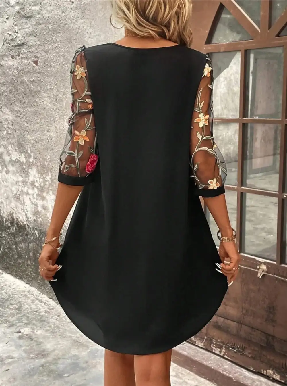  Refined Floral Mesh Sleeve Mini Dress