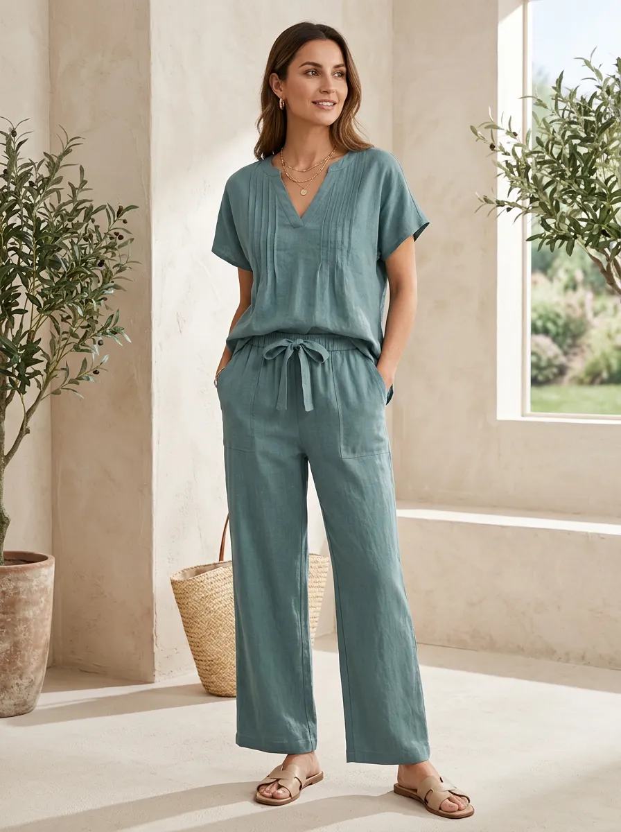 Everyday Short-Sleeve Pleated Women's V-Neck Shirt