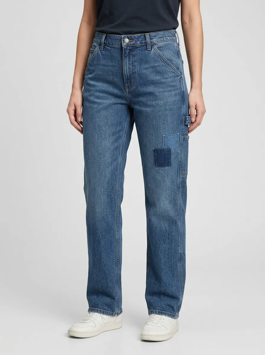 Women's Tonal Patchwork Utility-Pocket Mid-Rise Straight-Leg Jeans
