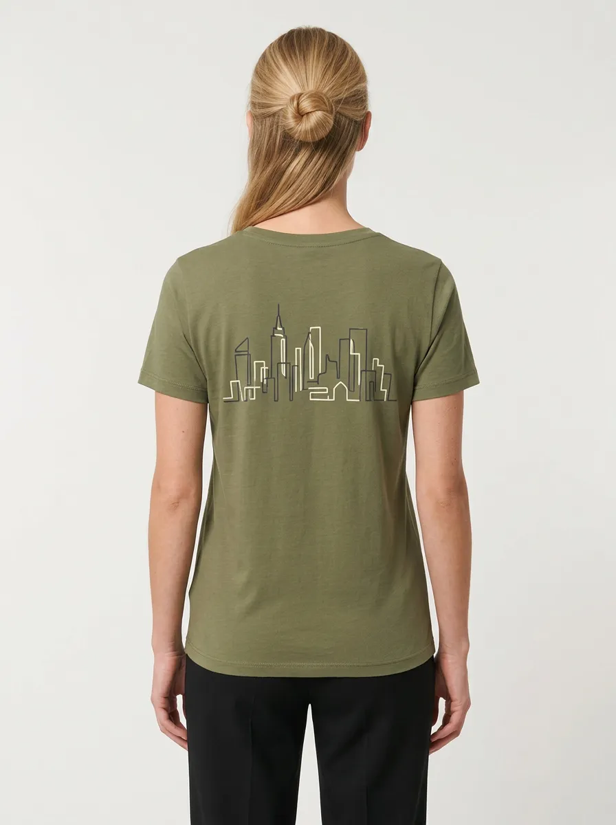Women's Minimalist Skyline Line-Art Back Graphic Crewneck T-Shirt