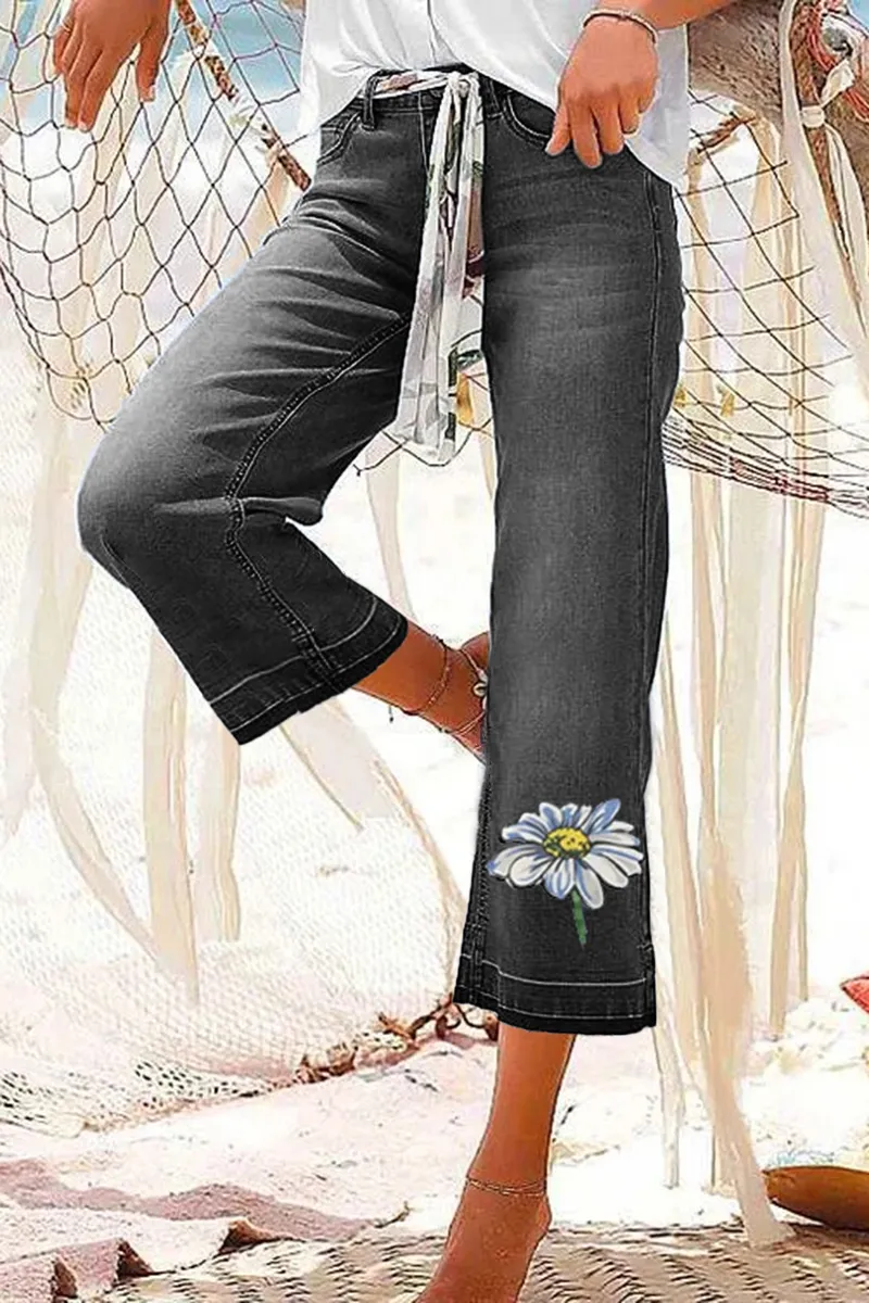 Floral Pattern Crop Flare Jeans Without Belt