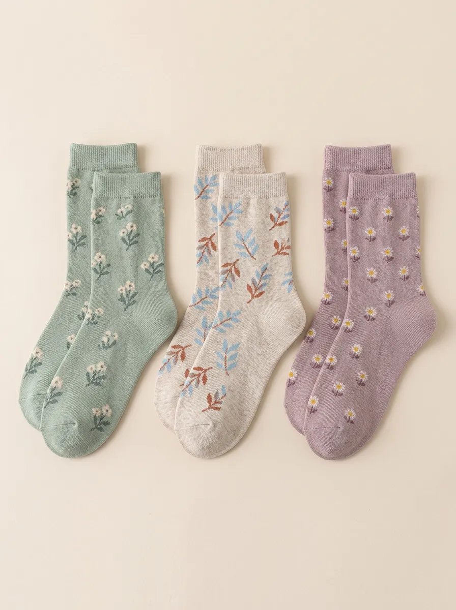 Women's 3-Pair Floral Botanical Ribbed Crew Sock Set