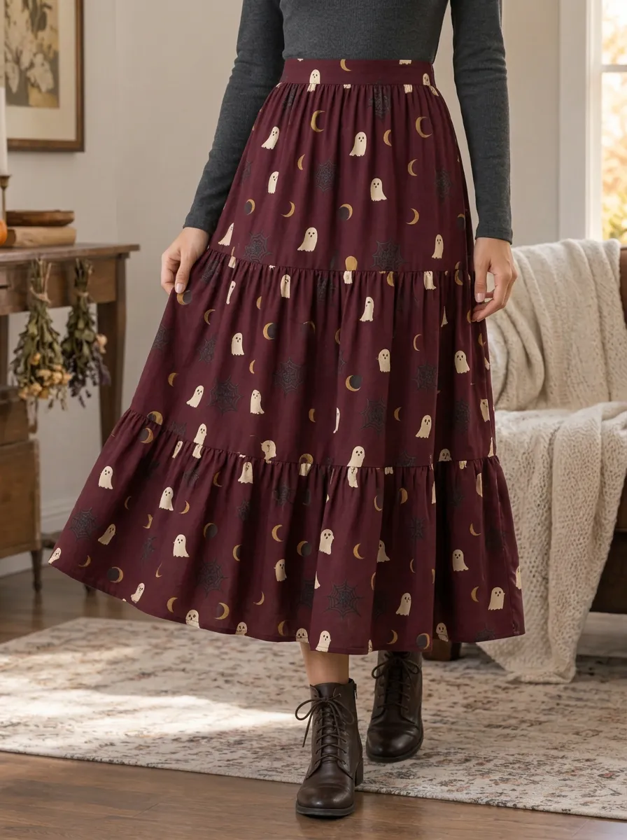 Women's Halloween Ghost Moon Spiderweb Printed Tiered Skirt