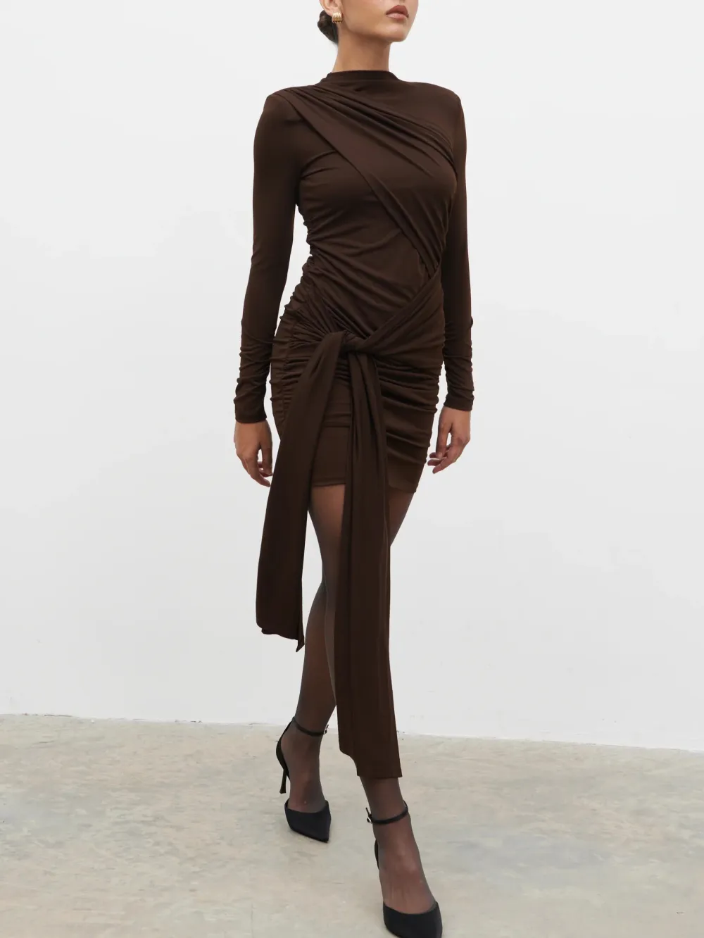 Pleated Long Sleeved Knit Elegant Mini Dress