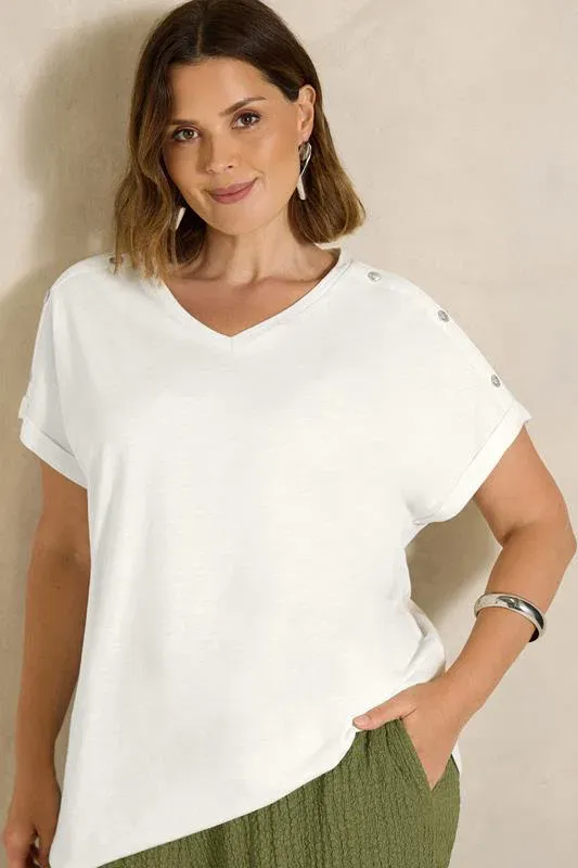 Ivory White Button Shoulder T-Shirt