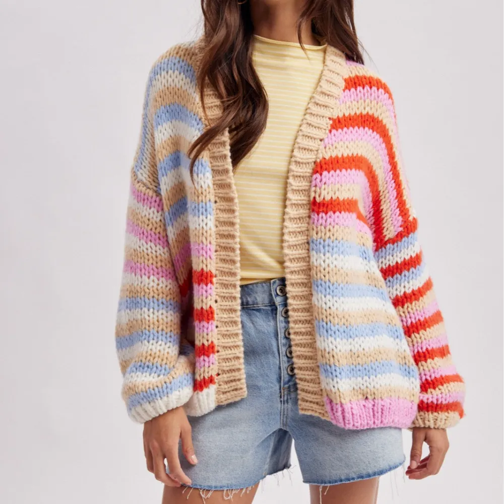 Open Front Chunky Knit Ribbed Dropped Shoulder Cardigan