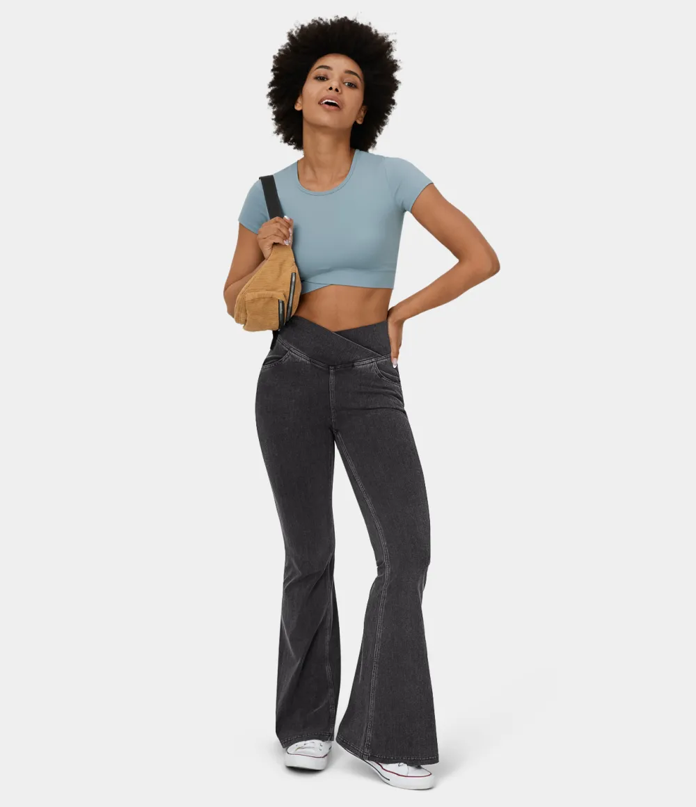 Magic High Waisted Crossover Pocket Cool Touch Washed Stretchy Knit Casual Super Flare Jeans