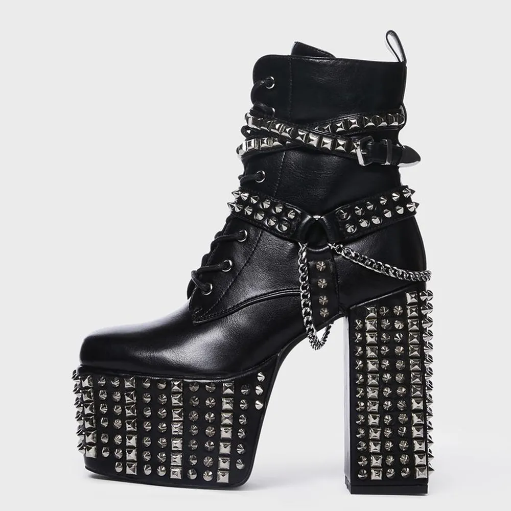 Faux-Leather Rivet-Detail Chain-Detail Buckle-Detail Ankle Boots
