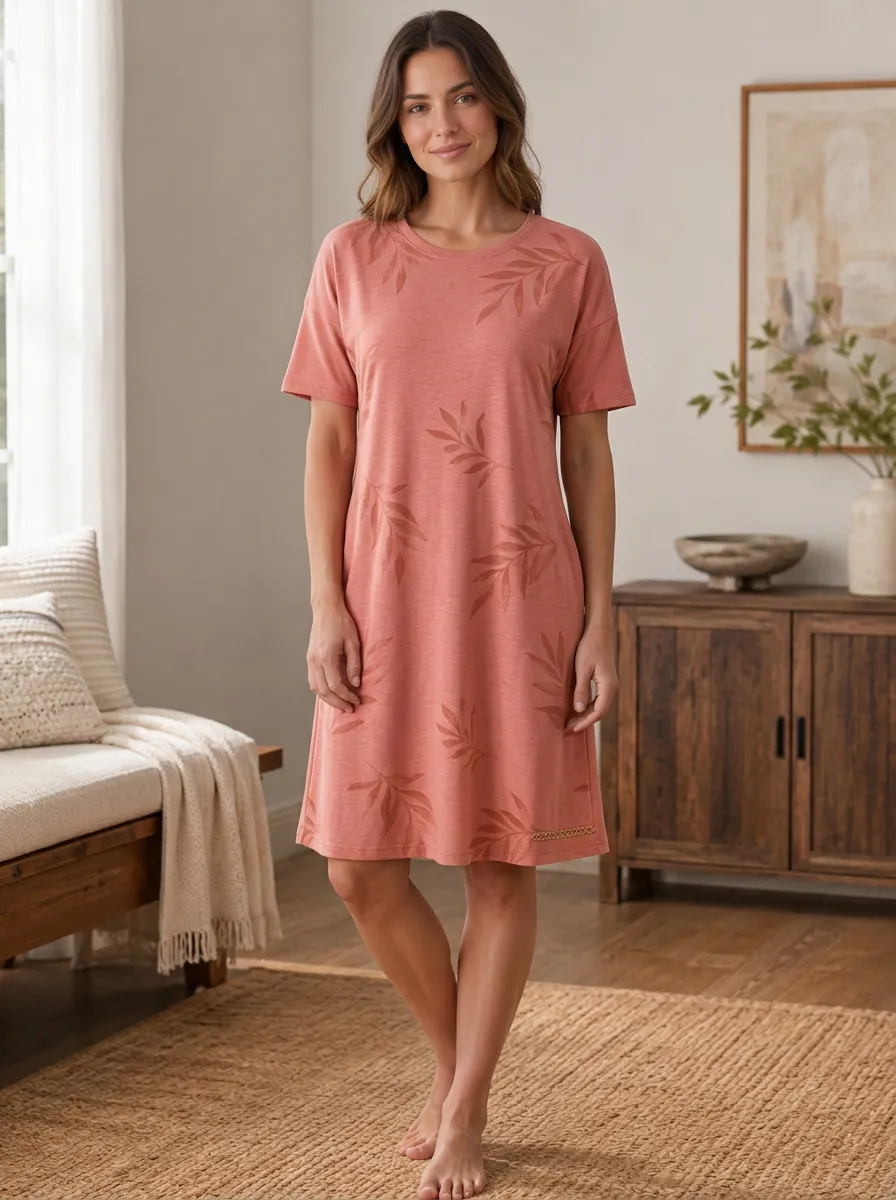 Women's Casual Botanical Leaf Printed T-shirt Dress