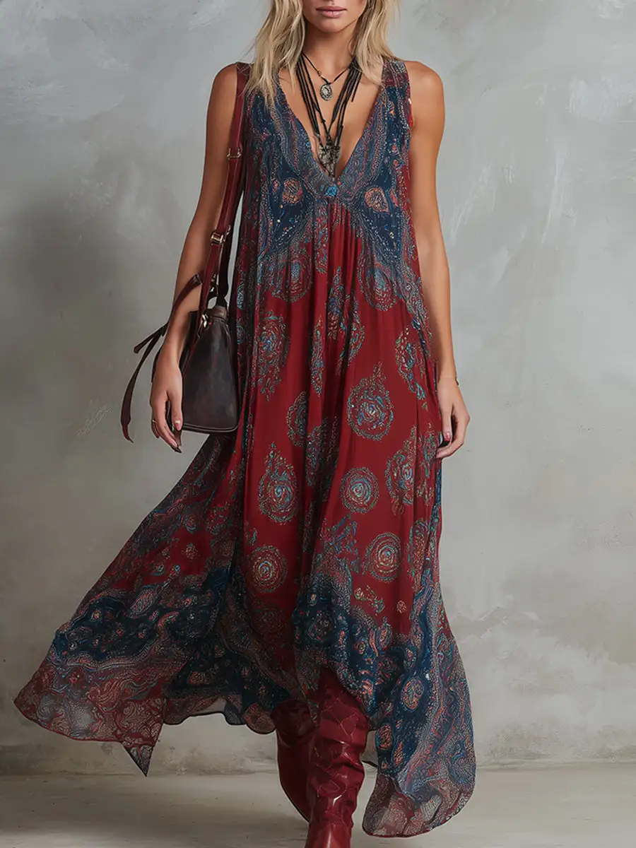 Pleated Printed Sleeveless Neck Maxi Dress