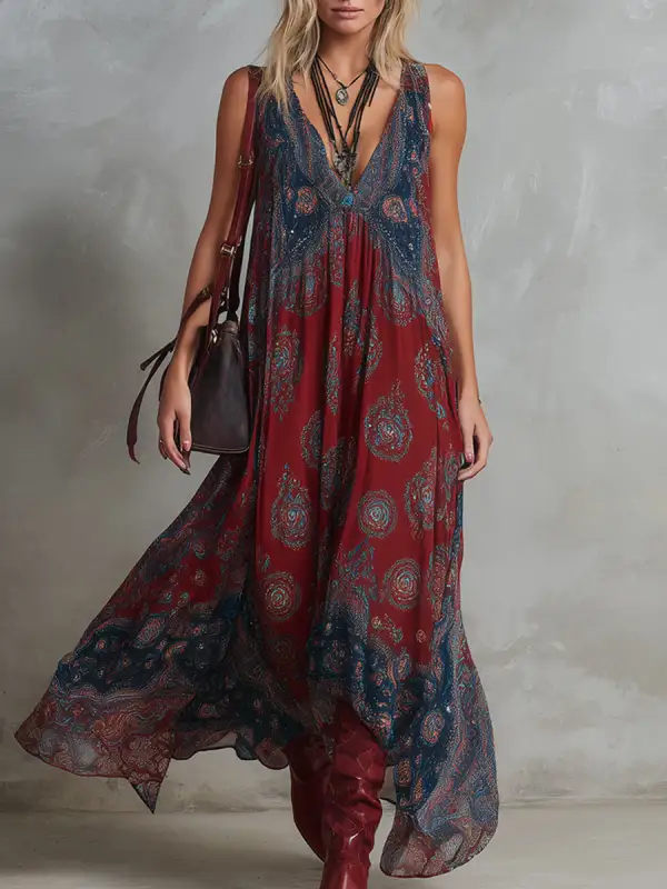 Pleated Printed Sleeveless Neck Maxi Dress