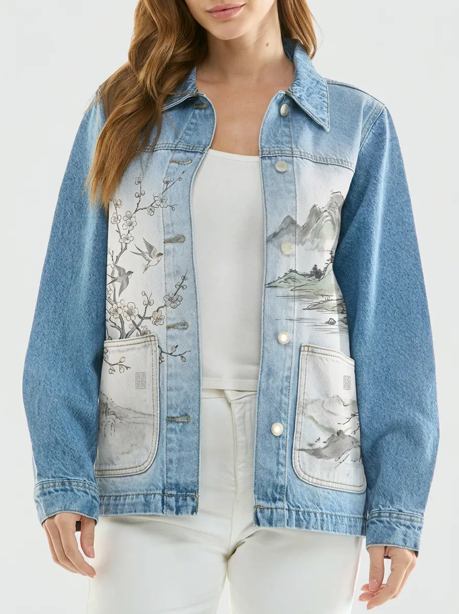 Women's Oriental Art Landscape Cherry Blossom Printed Denim Jacket