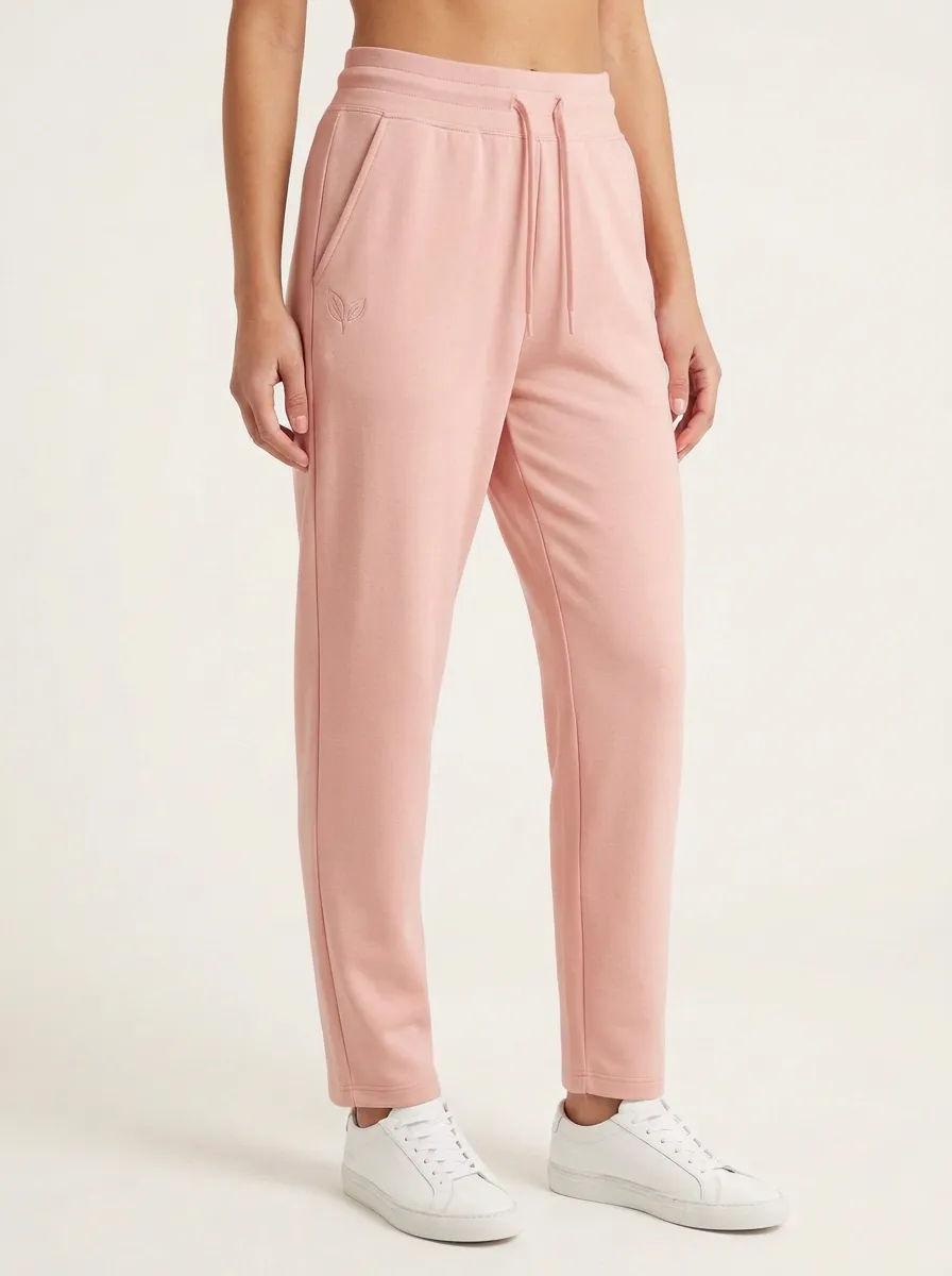 Women's Minimalist Beige Leaf Logo Embroidered Joggers