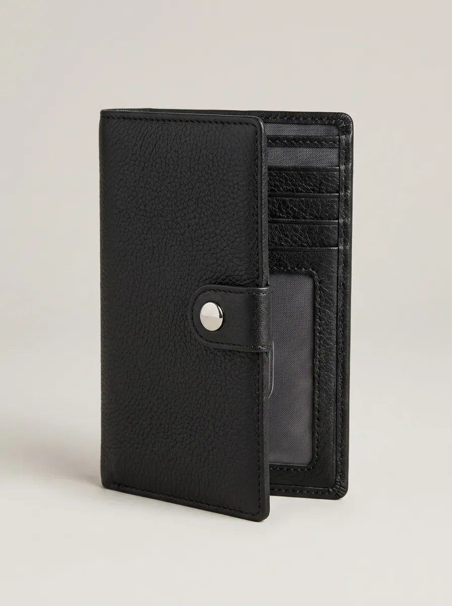 Men's Minimalist Black Pebble Grain Snap Button Wallet