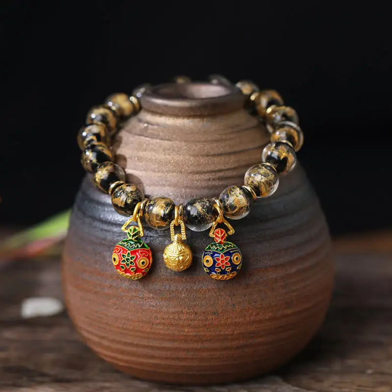 Swallowing Beast Family Charm Foil Liuli Glass Bracelet