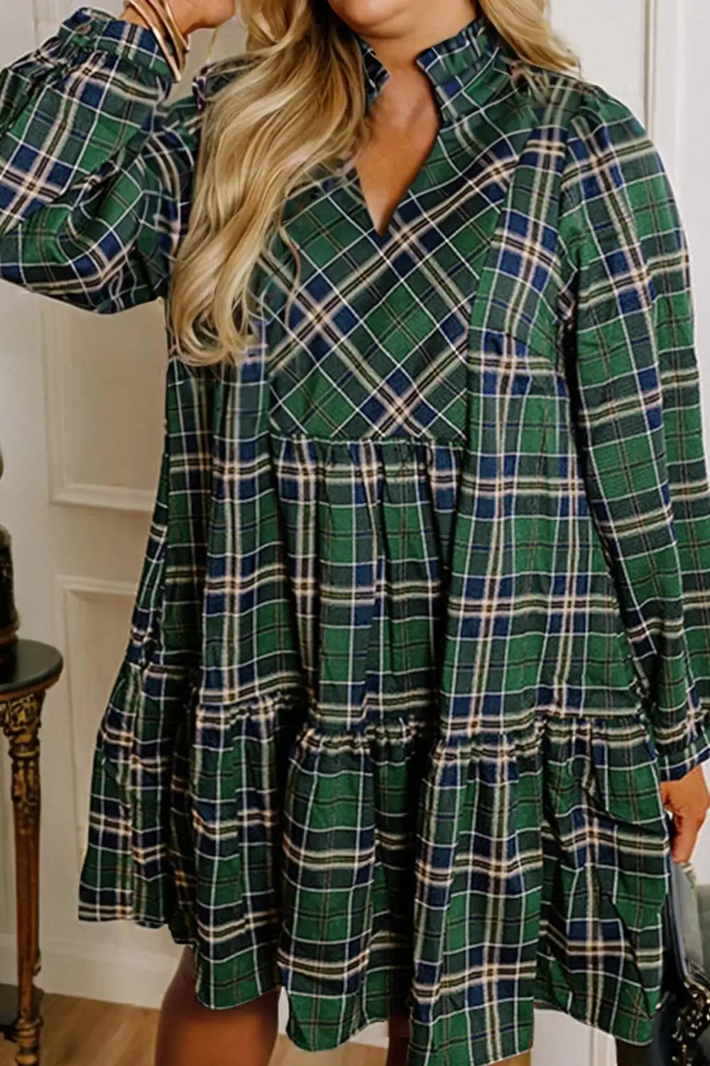 Plaid Split Neck Long Sleeve Mini Dress