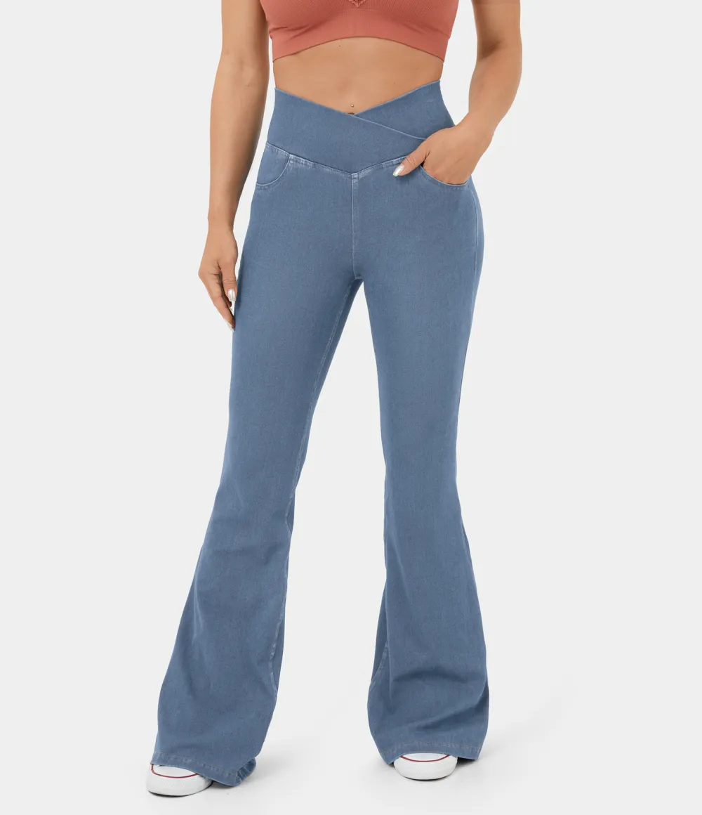 Magic High Waisted Crossover Pocket Cool Touch Washed Stretchy Knit Casual Super Flare Jeans