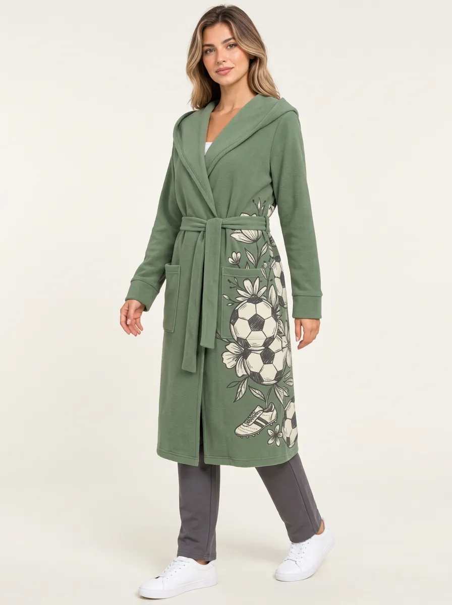 Women's Floral Soccer Graphic Belted Hooded Long Cardigan
