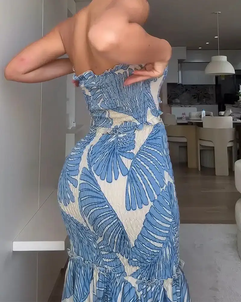 Tropical Print Halter Cutout Maxi Dress