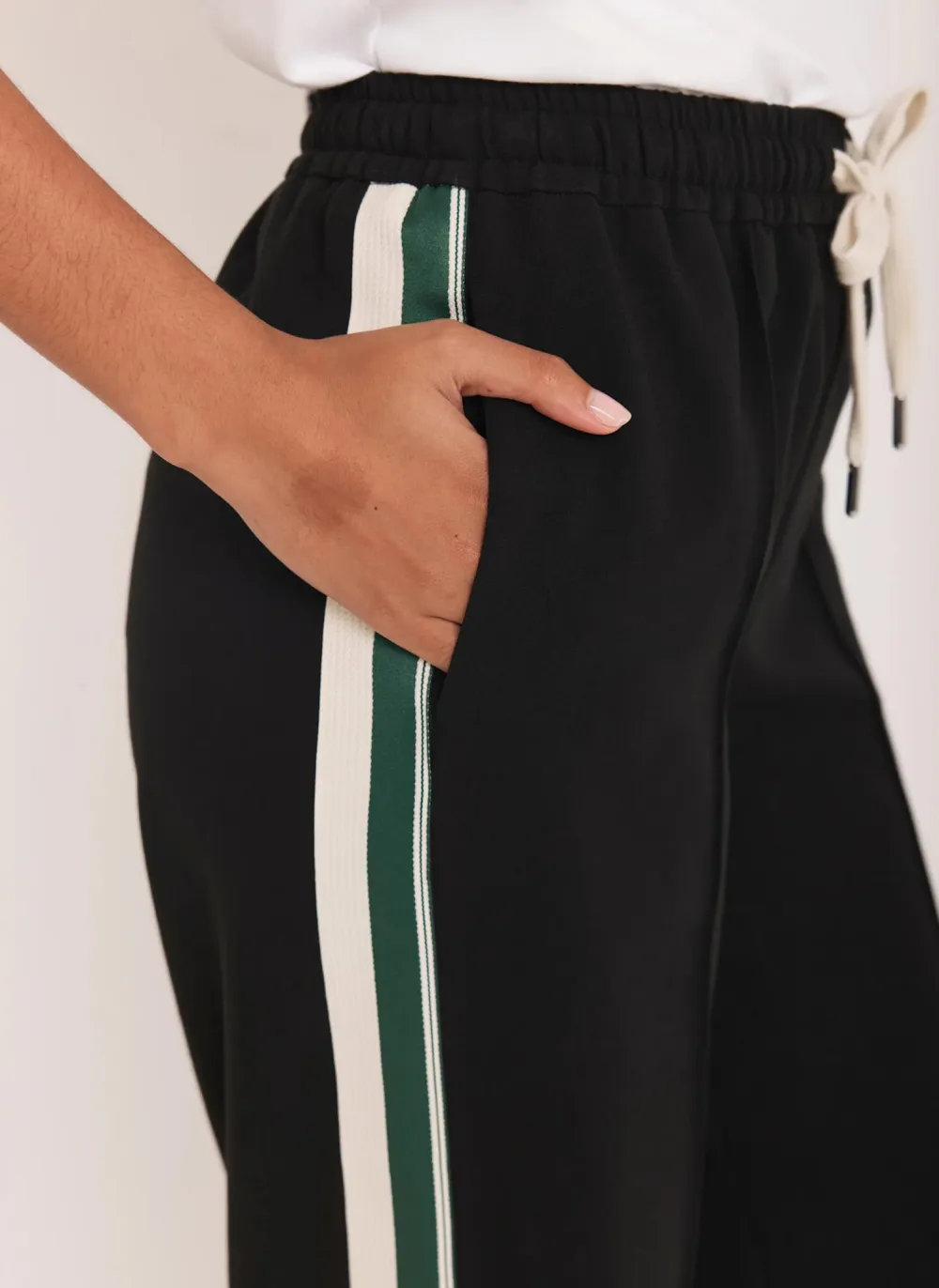 Casual Style Black Wide Side Stripe Trousers