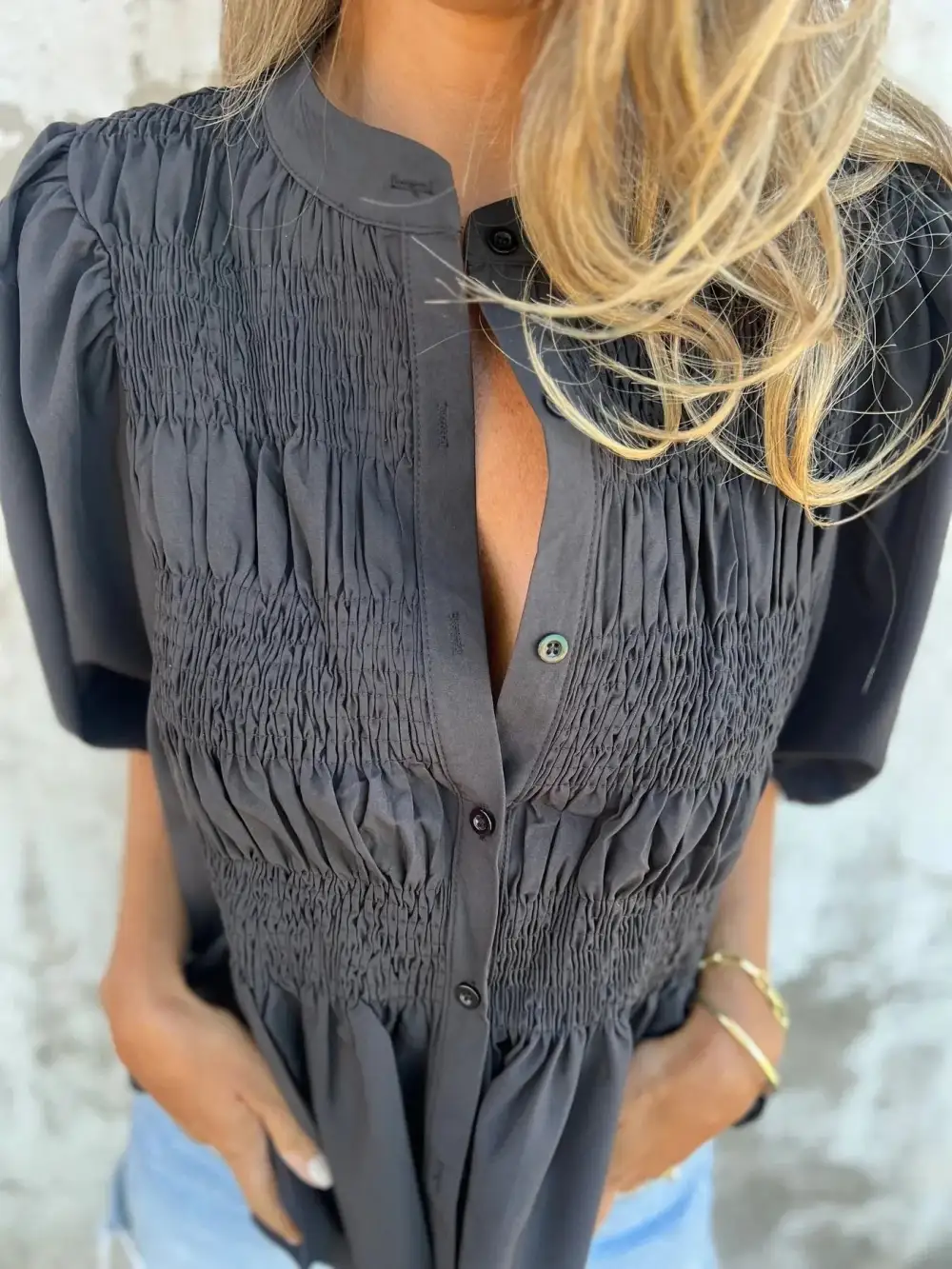 Smocked Puff-Sleeve Buttoned Blouse