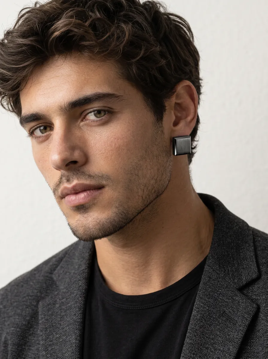 Men's Minimalist Brushed Square Stud Earrings