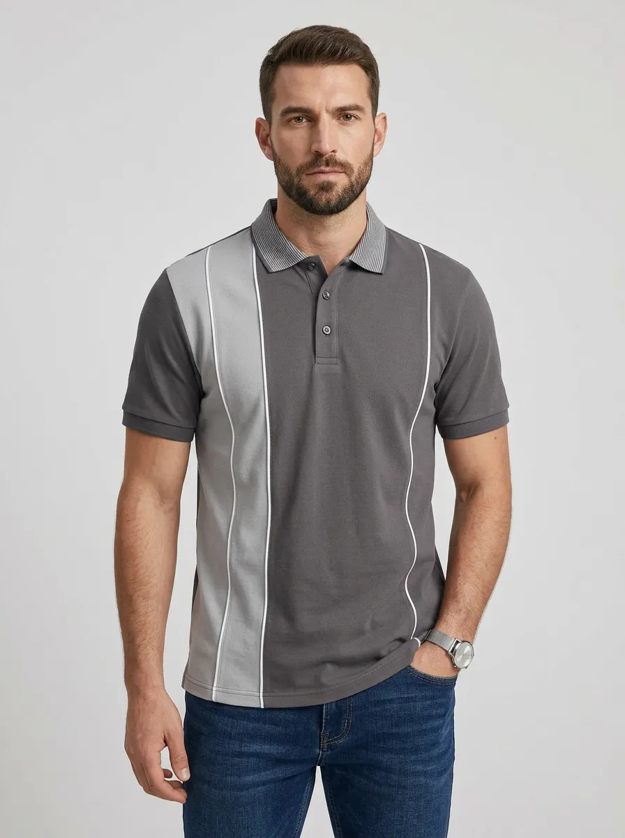 Men's Casual Fashion Colorblock Vertical Striped Printed Polo Shirt