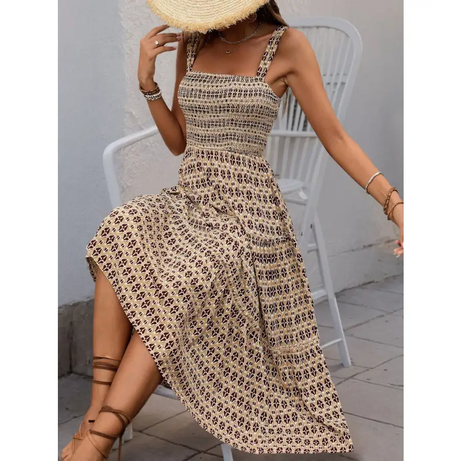 Printed Tiered Wide Strap Midi Dress