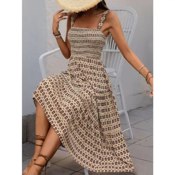 Printed Tiered Wide Strap Midi Dress