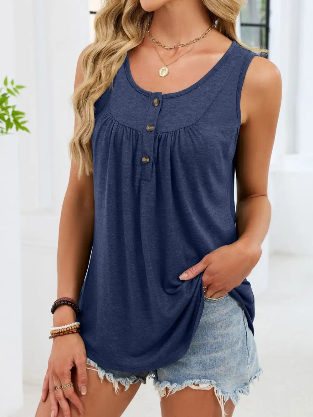 Round-Neck Buttoned Ruched Tank Top