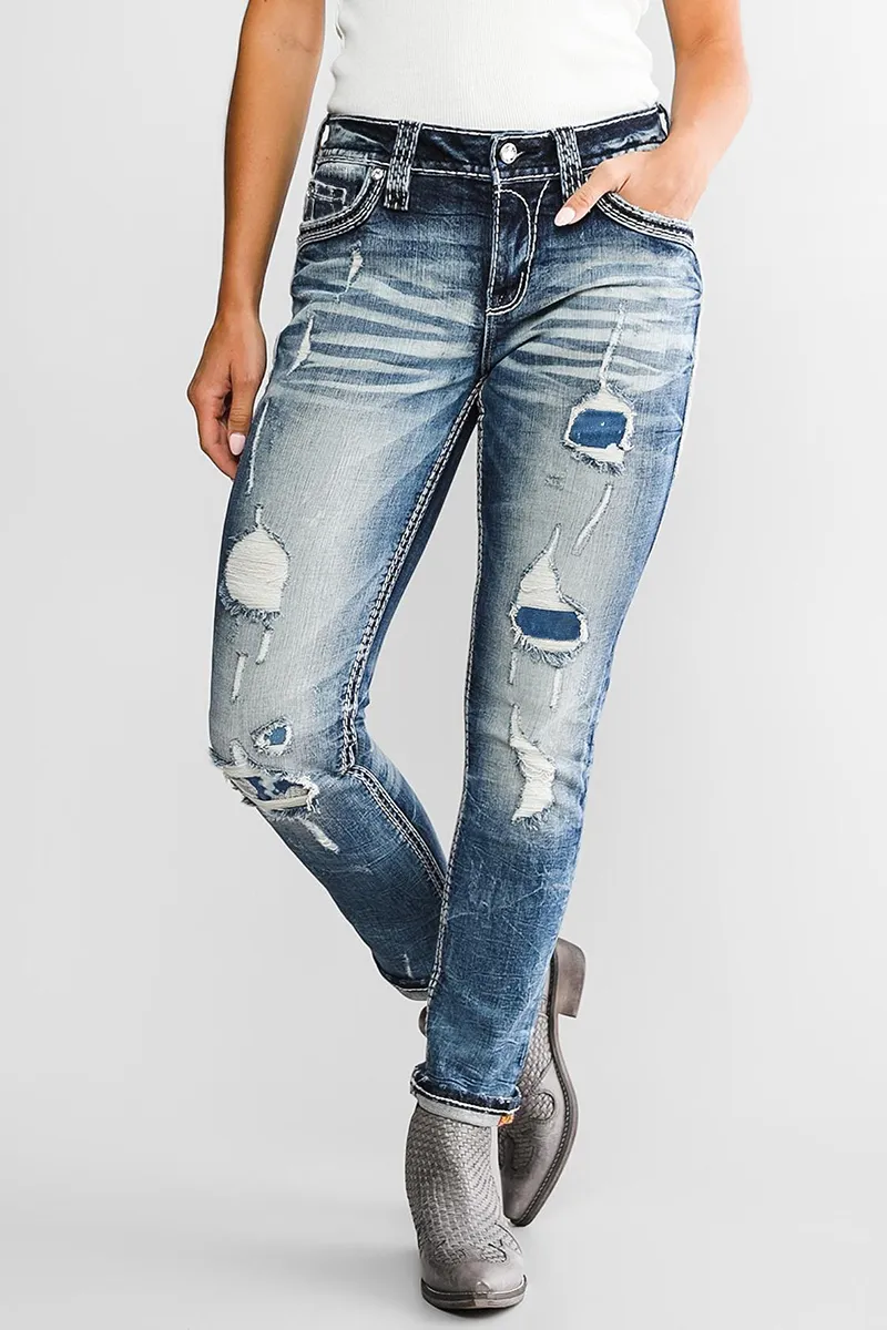 Mid Waist Wash Straight Leg Jeans