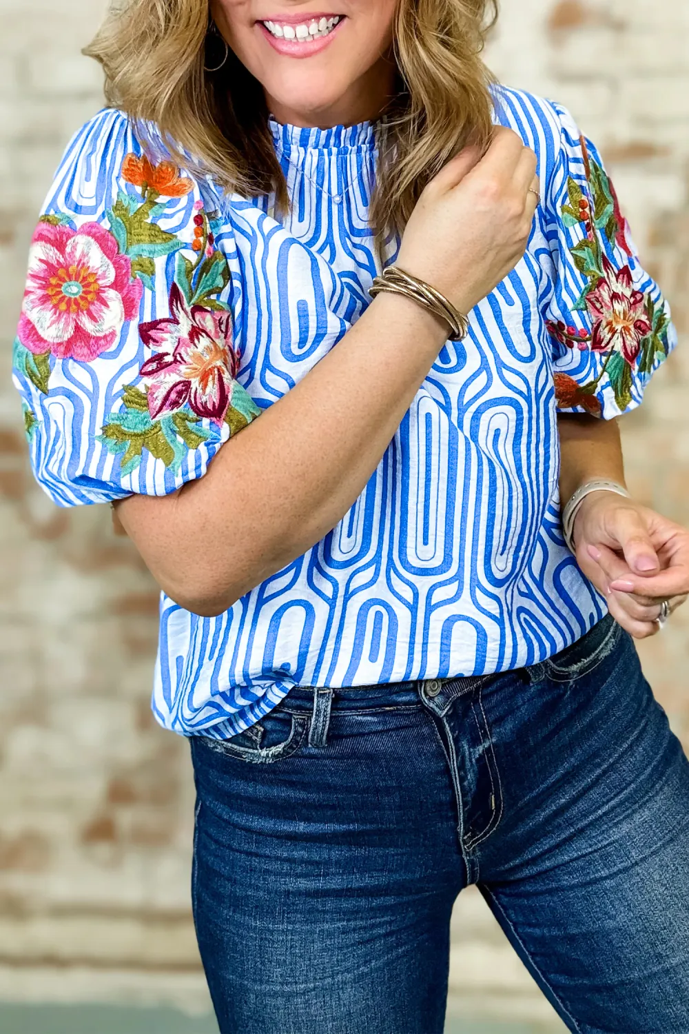 Sky Blue Geometry Print Floral Blouse