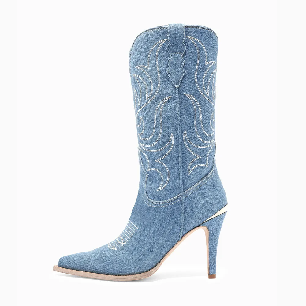 Classic Denim Embroidered Pointed-Toe Stiletto-Heel Western Boots
