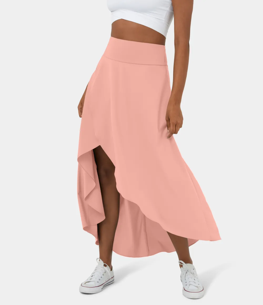 Breezeful High Waisted High Low Ruffle 2-in-1 Flowy Quick Dry Casual Regular Maxi Skirt