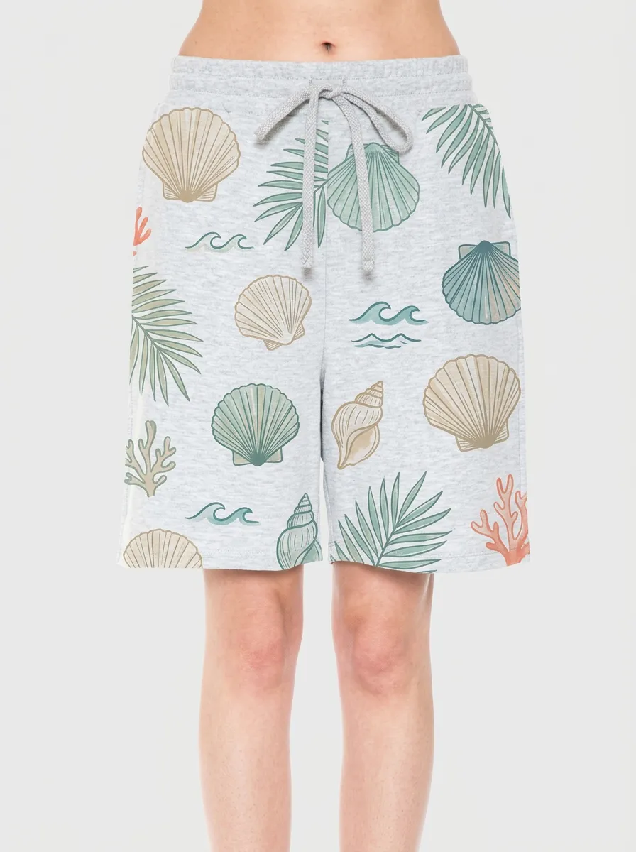 Women's Coastal Seashell Palm Leaf Printed Shorts