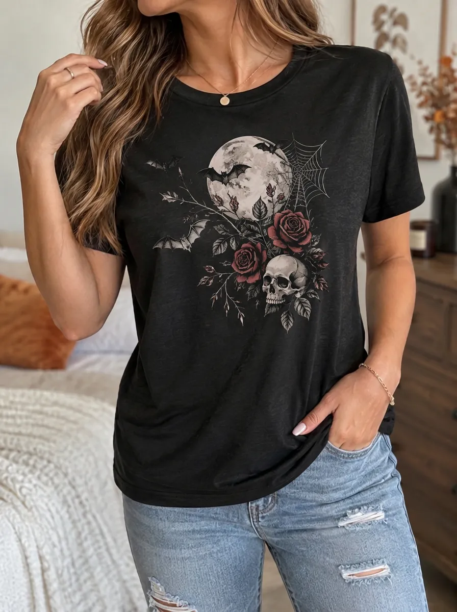 Women's Halloween Gothic Skull Rose Moon Bat Chest Graphic T-Shirt