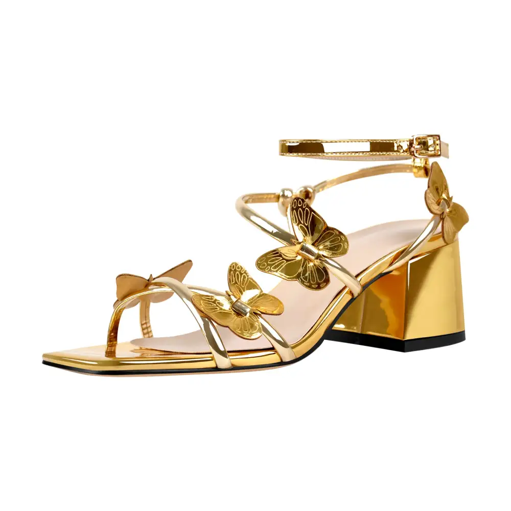 Ankle Strap Butterfly Decor Mid Chunky Heel Sandals