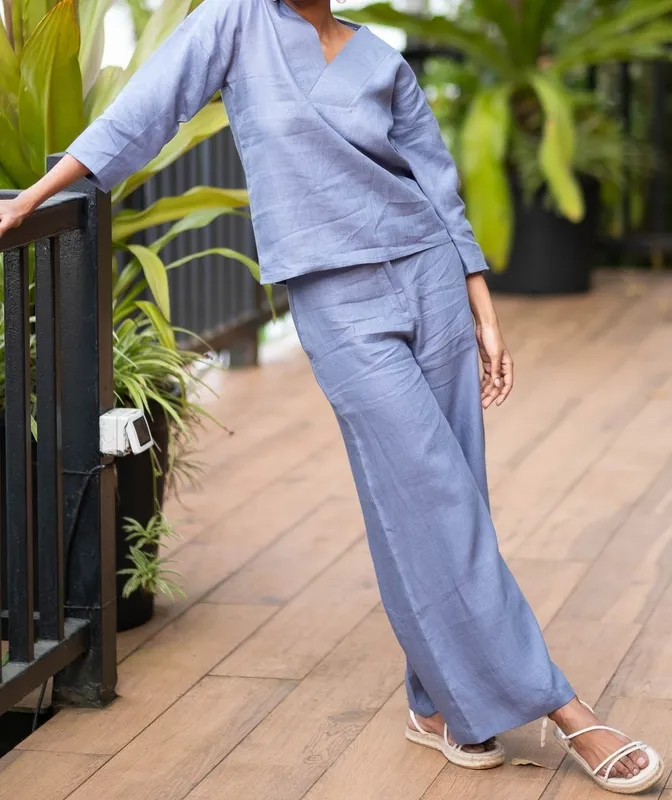 Wildflower Blue Linen Matching Set with V-Neck Top & Wide-Leg Pants