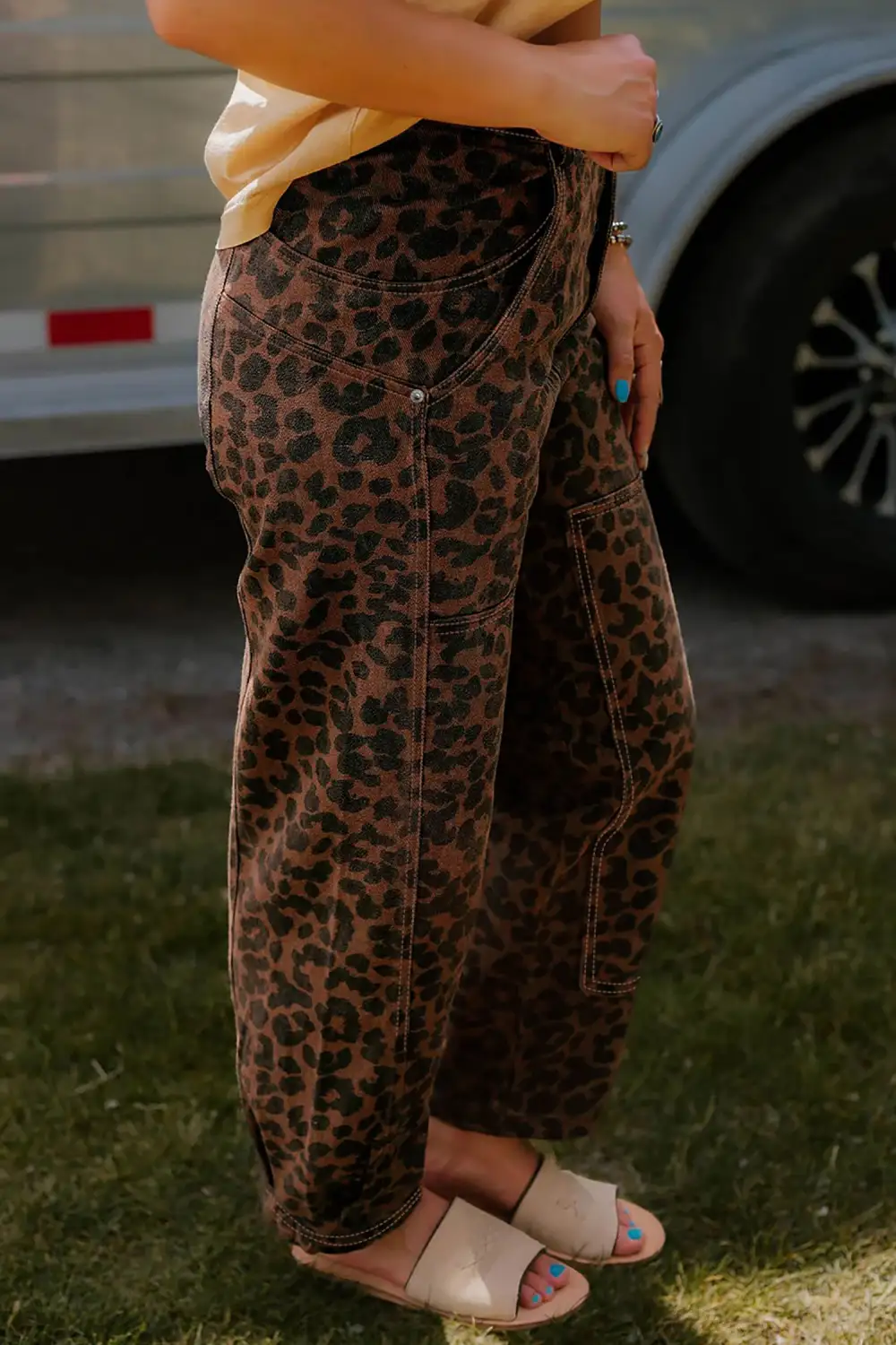 Women's Clear Seam Detail Patchwork Leopard Print Barrel Jeans