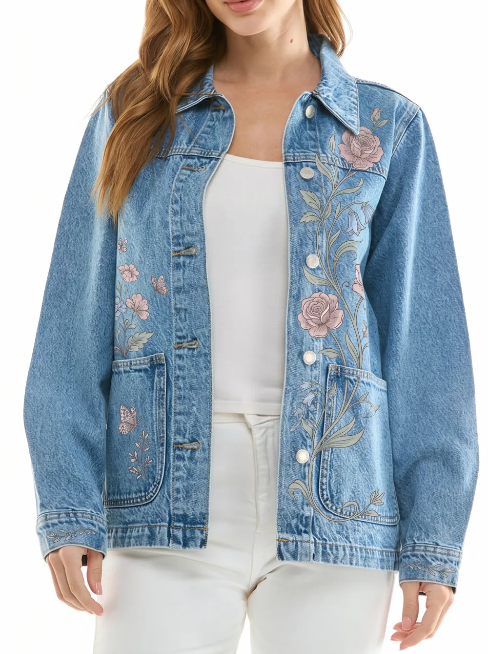 Women's Floral Butterfly Aesthetic Printed Denim Jacket