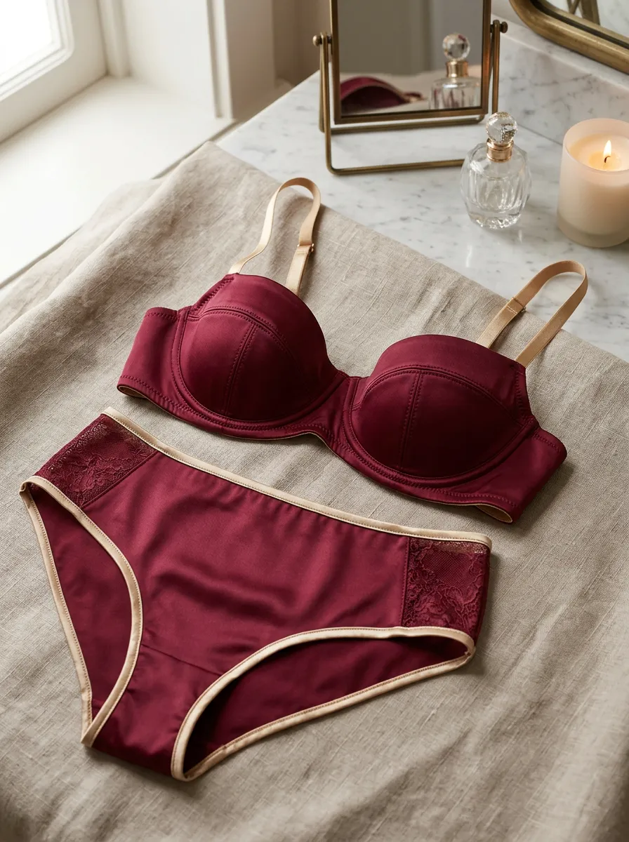 Women's Satin Lace Trimmed Satin High Rise Lingerie Set