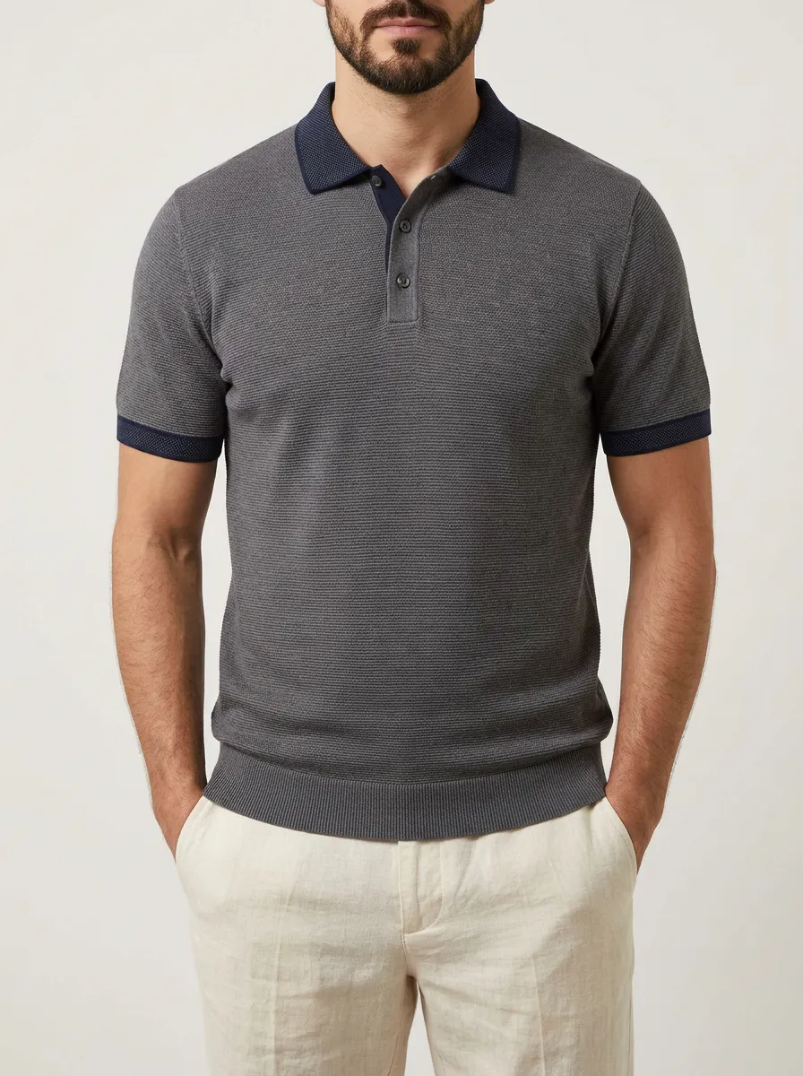 Men's Casual Business Textured Grey Navy Trim Polo Shirt