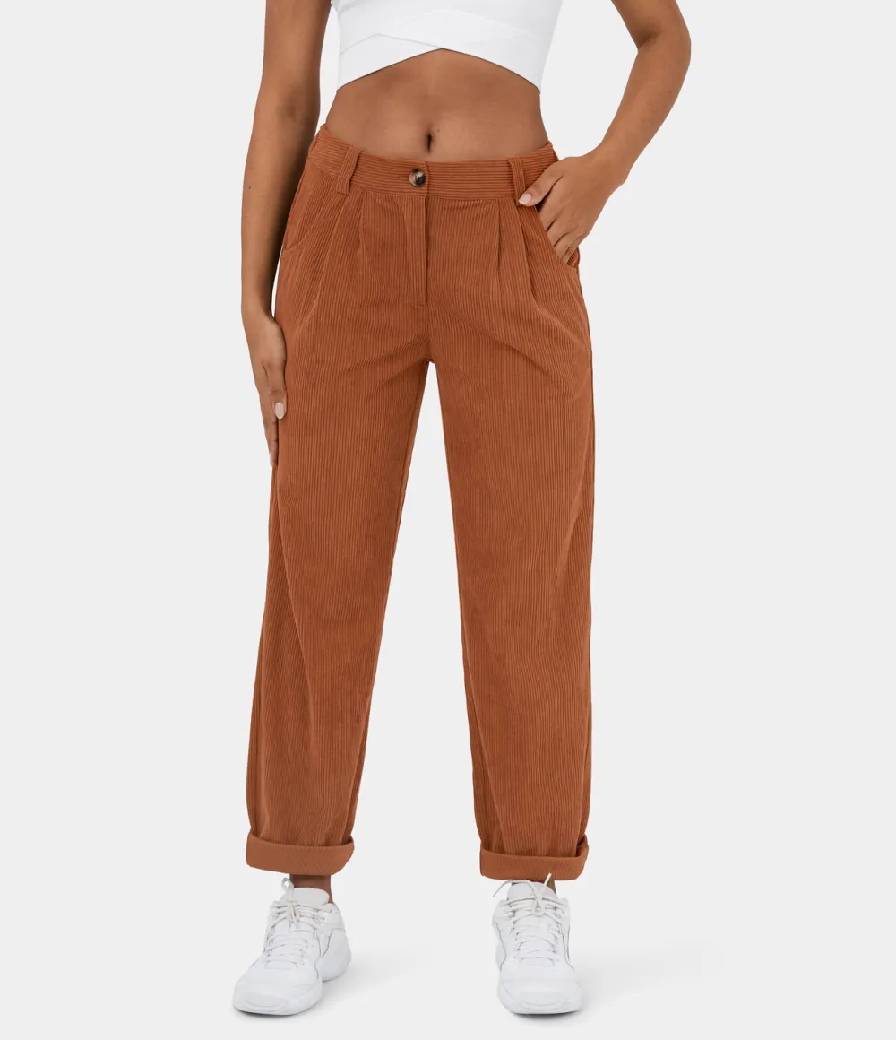 Mid Rise Button Zipper Side Pocket Corduroy Casual Pants