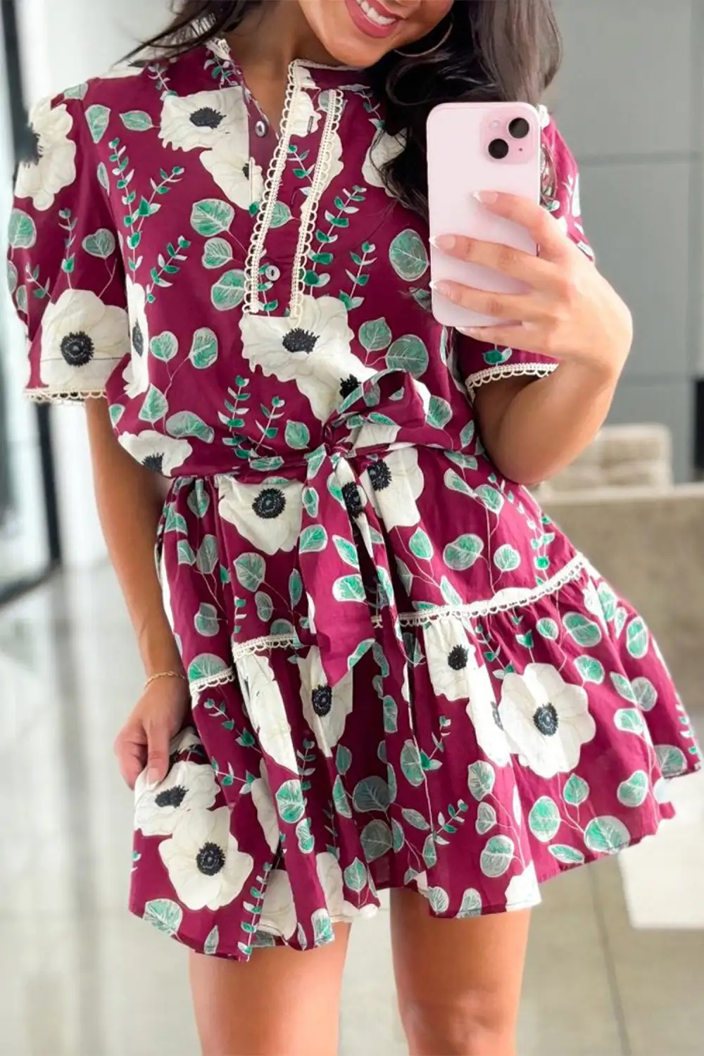 Trimmed Short Puff Sleeve Mini Dress with Belt